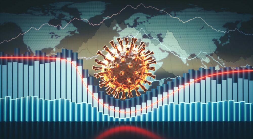 graphique de suivi épidémiologique sur carte du monde avec un virus de type Sars cov 2