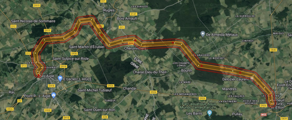 Carte du trajet aérien entre Verneuil-sur-Avre et L'Aigle.