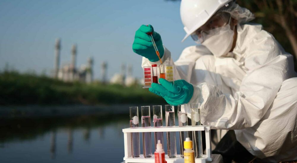 scientifique réalisant des prélèvements d'eau à proximité d'usines